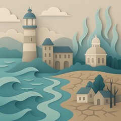 Paper cut coastal heritage scene with lighthouse, historical buildings, cracked dry land, ocean waves and trees, illustrating climate change impact on cultural landscapes.
