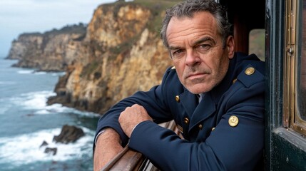 Fototapeta premium Coastal tracks with weathered railway conductor in traditional uniform gazing from historic train window, rugged seaside cliffs and churning waves