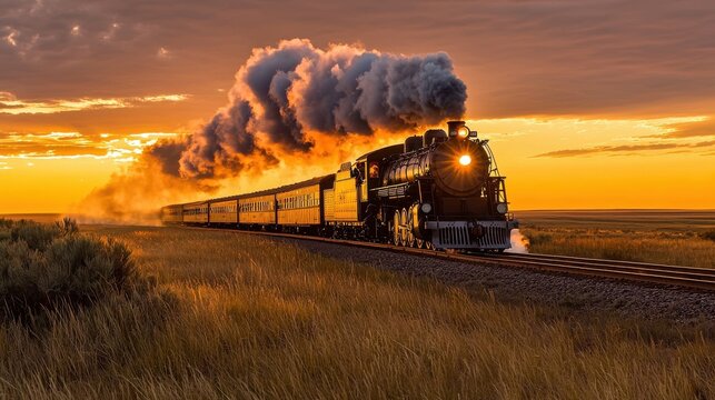 Prairie train steam engine traversing remote grasslands with dramatic smoke plumes against spectacular sunset horizon backdrop