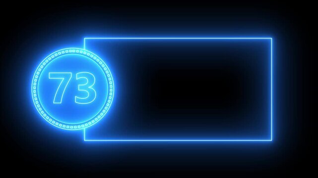 Blue Neon Number 73 Inside Circle With Rectangular Frame On Black Background seventy three numeral