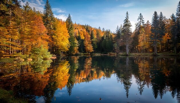 tranquil forest pond with autumn reflections - Powered by Adobe