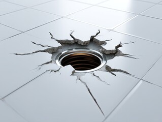 A circular drain hole pierces through a cracked floor, revealing a metallic ring.