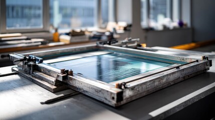 A close-up view of a screen printing frame, showcasing its metallic components and a translucent screen.