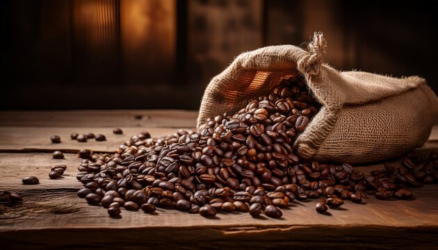 rustic coffee spill coffee beans cascade from a burlap sack onto a weathered wooden table with dark knots capturing an inviting warm atmosphere