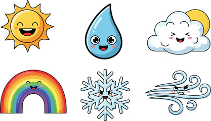Happy sun, smiling water drop, joyful cloud with sun, cheerful rainbow, playful snowflake, windy air, cute weather icons, flat vector illustration