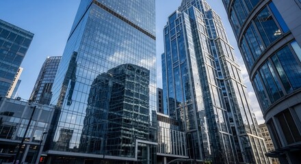 Fototapeta premium Soaring Glass Towers Reflecting a Distorted Urban Sky and Cityscape