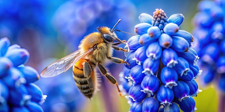 Honeybee collecting pollen on a blue grape hyacinth