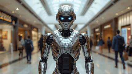 A futuristic humanoid robot with glowing blue eyes stands in the middle of a busy shopping mall.