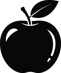 Apple silhouette with leaf and shiny highlight, black vector icon representing fruit, health, simplicity, and educational or design themes