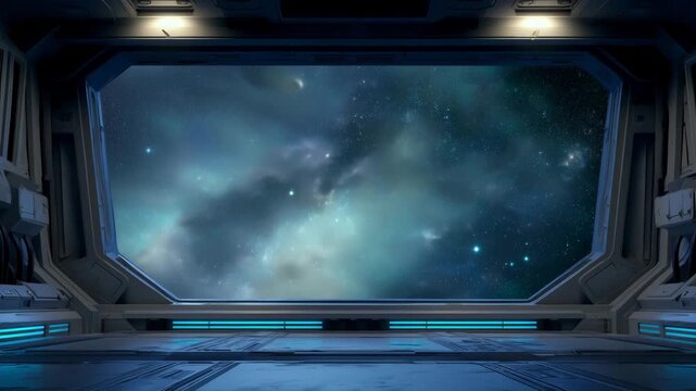 Cinematic photo of a spaceship interior featuring a galaxy view through a large window, with blue glowing details in the foreground