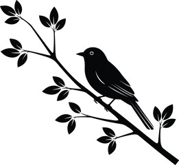 Black silhouette of bird perched on diagonal leafy branch, minimal vector nature design symbolizing elegance, simplicity, and seasonal growth