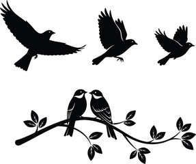 Black silhouette of birds flying and perched on leafy branch, elegant vector nature scene showing motion, interaction, and serenity