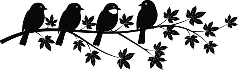 Black vector silhouette of four birds perched on leafy branch, one holding envelope, minimal nature design symbolizing communication and message
