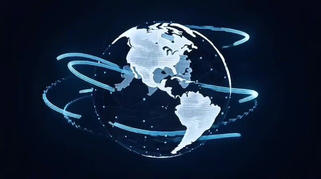 Rotating digital globe with glowing rings, symbolizing globalization, international business and innovation. Perfect video for corporate and tech presentations.