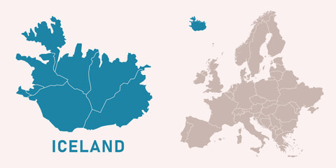 Obraz premium Map of Iceland with administrative divisions and highlighted position on Europe map. Isolated on white background. Vector illustration.