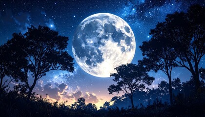 Majestic Full Moon Over Silhouetted Trees: Night Sky Scene