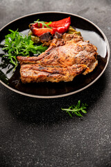 Steak pork barbecue meat tasty snack fresh delicious gourmet food background on the table rustic food top view copy space