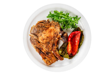Steak pork barbecue meat tasty snack fresh delicious gourmet food background on the table rustic food top view copy space