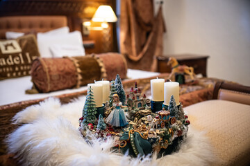 Christmas table composition. Beautiful decoration. Christmas trees, candles, stars, lights and elegant accessories. Merry Christmas and Happy Holidays, Template.