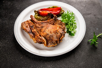 Steak pork barbecue meat tasty snack fresh delicious gourmet food background on the table rustic food top view copy space