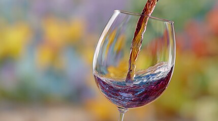 Pouring Wine in Glass: Captured is the vibrant scene of wine gracefully flowing into a delicate glass, with a colorful backdrop of blurred florals adding to the captivating moment.