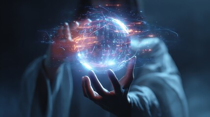 Person holds glowing data globe. Digital world, abstract tech, futuristic concept. Use for marketing, website, design.