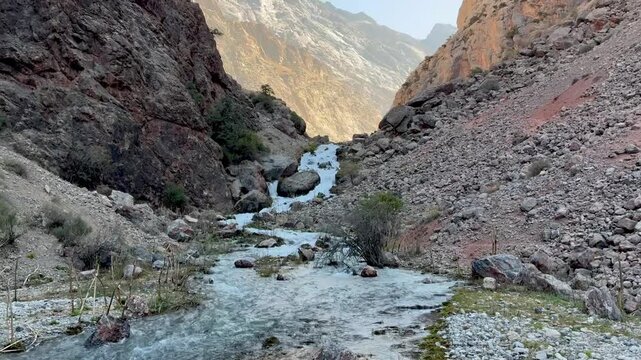 Mountain river in Fann mountains Pamir Alay range in Tajikistan
