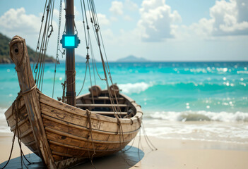 Wooden fishing boat with futuristic AI mast glowing softly, merging traditional seaside heritage with future technology in a bright pastel seascape close up 3:2