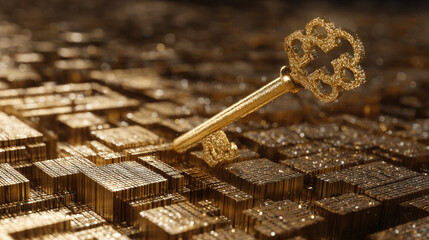 golden key hovering near encrypted neural network cube binary rain background cyber aesthetic illustration concept scene visual for commercial design use high detail quality stock image illustration