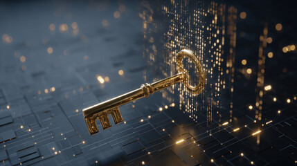 golden key hovering near encrypted neural network cube binary rain background cyber aesthetic illustration concept scene visual for commercial design use high detail quality stock image illustration
