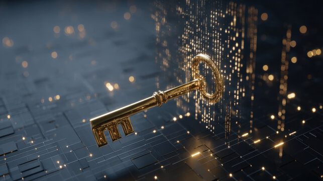 golden key hovering near encrypted neural network cube binary rain background cyber aesthetic illustration concept scene visual for commercial design use high detail quality stock image illustration