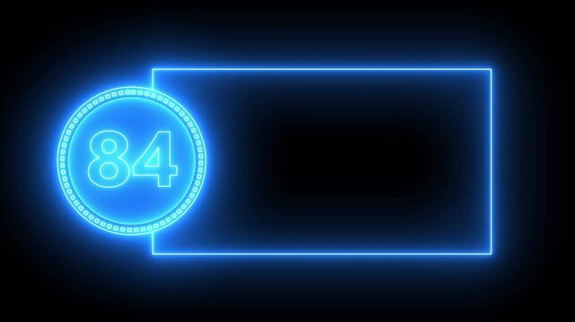 Blue Neon Number 84 Inside Circle With Rectangular Frame On Black Background eighty four numeral