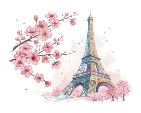 Watercolor Eiffel Tower with Pink Cherry Blossoms Paris Illustration
