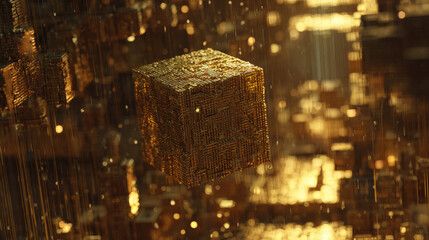 golden key hovering near encrypted neural network cube binary rain background cyber aesthetic illustration concept scene visual for commercial design use high detail quality stock image illustration
