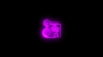 Purple Neon Glow Icon of Document Gear and Clock on Black Background time - Powered by Adobe