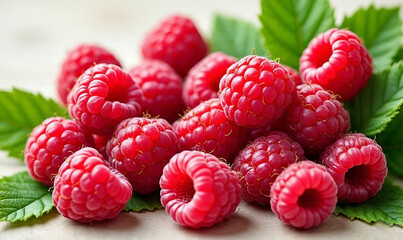 Fresh red raspberries on a green branch in the garden