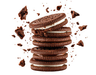 Oreo Cookies Tumbling with Cracked Pieces, Isolated on Transparent Background