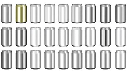 A grid of various shades of metallic aluminum cans against a plain white background.
