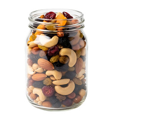 Glass jar filled with a variety of nuts and dried fruits isolated on transparent background