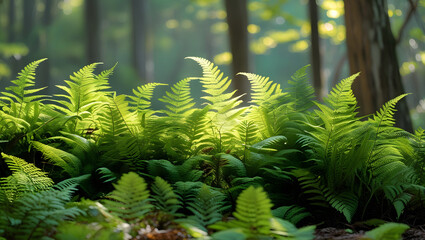 Green fern leaves growing in the forest woods