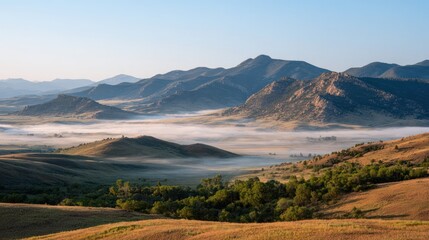 Naklejka premium Mountain Serenity: Capture the serene majesty of rolling mountain landscape, with a low-lying mist blanketing the valley, creating a picturesque morning scene of untouched nature.