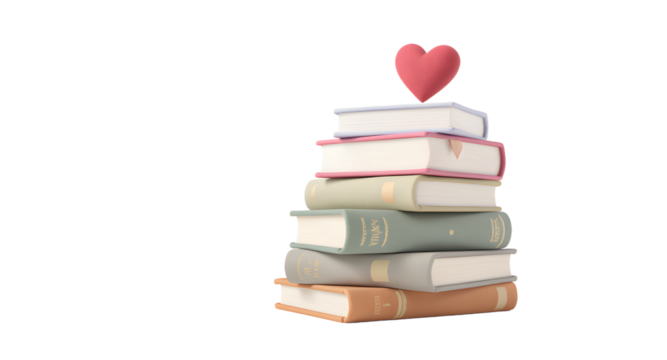 Stack of books with red heart