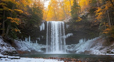 Majestic Waterfall Amidst Autumn Foliage and Winter's First Frost
