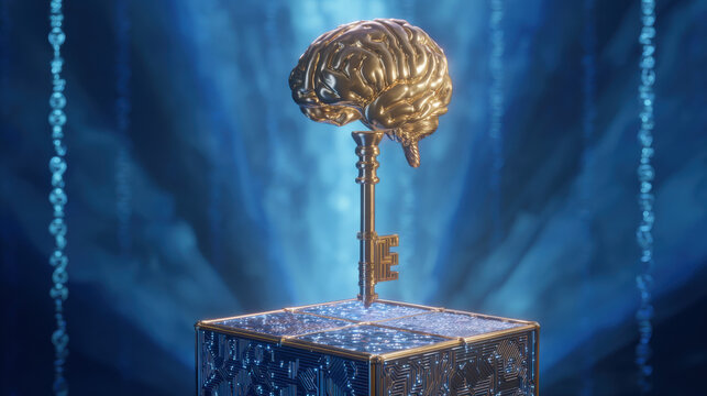 golden key hovering near encrypted neural network cube binary rain background cyber aesthetic illustration concept scene visual for commercial design use high detail quality stock image illustration