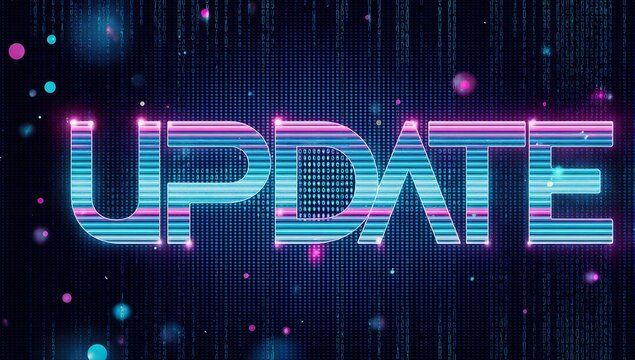 UPDATE word built from luminous stripes against a binary code matrix with teal and pink highlights, clean high-tech backdrop for software releases and versioning banners