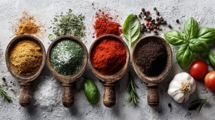 Spice Symphony: A close-up of assorted spices, artfully arranged in wooden bowls on a rustic stone surface. Each vibrant hue whispers of exotic origins and culinary delights.