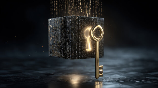 golden key hovering near encrypted neural network cube binary rain background cyber aesthetic illustration concept scene visual for commercial design use high detail quality stock image illustration