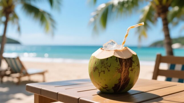 Fresh coconut drink on a beachside table