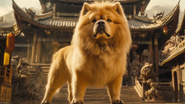 A Chow Chow with a lion-like mane standing majestically in an ancient Chinese temple 