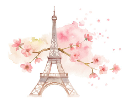 Watercolor Eiffel Tower with Pink Cherry Blossoms Paris Illustration